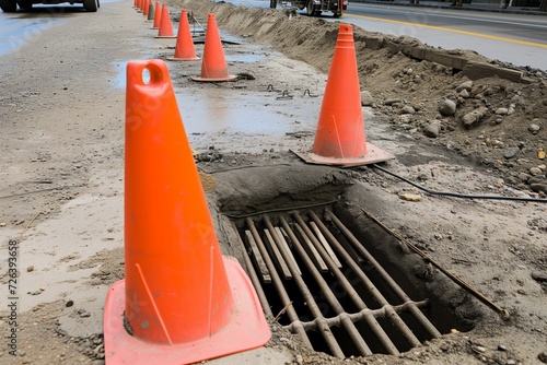 orange safety cones mark a storm drain under construction