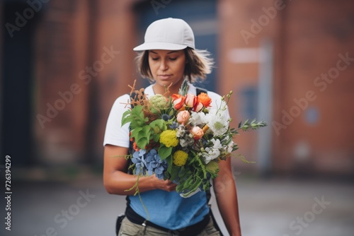 floral arranger incorporating urban debris in a bouquet
