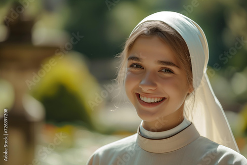  A beautiful catholic young nun with a kind candid smile against the backdrop of a garden Temple