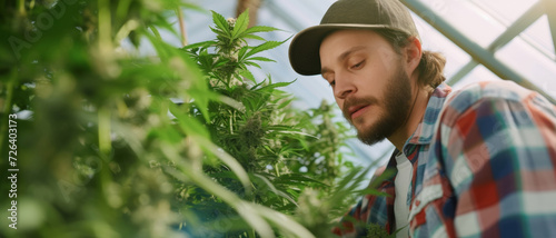 Focused cultivator tending to cannabis plants in a greenhouse, symbolizing care and agriculture expertise