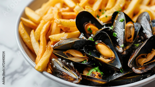 Moules frites, mussels are steamed with celery, leeks and butter and fried potatoes, Belgian national cuisine, Traditional assorted Asia dishes, Top view.