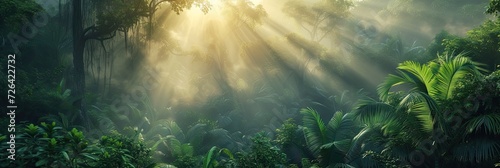 Panoramic view of a jungle landscape at sunrise.