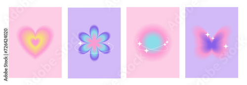 Blurry gradient shapes with white sparkles, abstract posters for social media. Trendy y2k aura backgrounds with flower, butterfly, heart shapes. Vector 