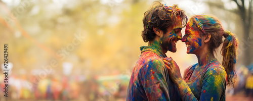 A kiss under the rainbow - The couple splashing colored paint on each other's faces. Fictional Character Created by Generated AI.