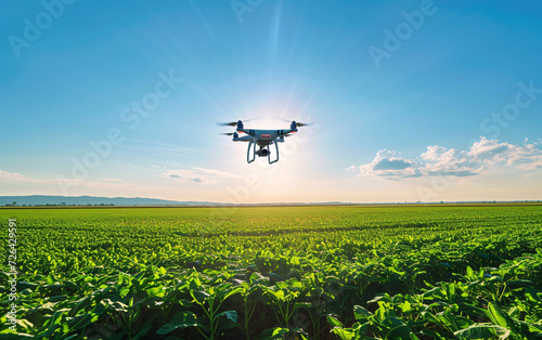 Green Agricultural Drone Surveying a Lush Field During a Sunny Summer Day