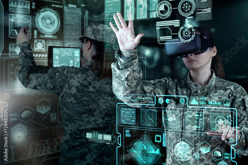 Military Think Tank, AI technology in the army. Warfare analytic operator checking coordination of the military team. Military commander with a digital device with vr glasses operating troops