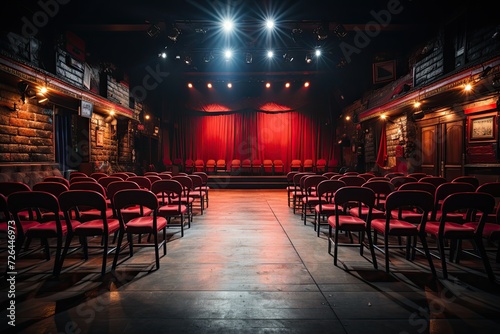 A view of an empty stage of a comedy club with open mic, waiting for performers, chairs setup for audience, theater atmosphere reigns