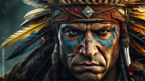 The Angry Look on the Painted Face of a Male Tribal Warrior - Generative AI