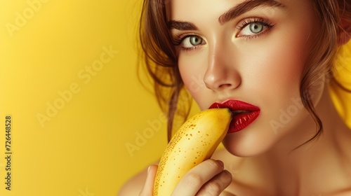 Close-up portrait of nice glamorous lady holding in hands banana with red lips isolated yellow background