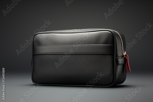 Black leather clutch on a dark background. 3d rendering. Studio shot.