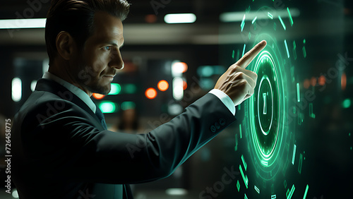Businessman touching infographic hud panel, green check mark on center circle hud panel, futuristic, in office background, wearing black suit and white shirt.