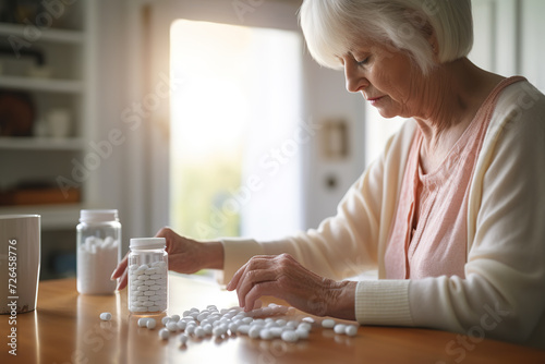 Senior woman organizes medications, tablets, and pills from a bottles on a table, carefully selecting and arranging them based on the designated times for intake.