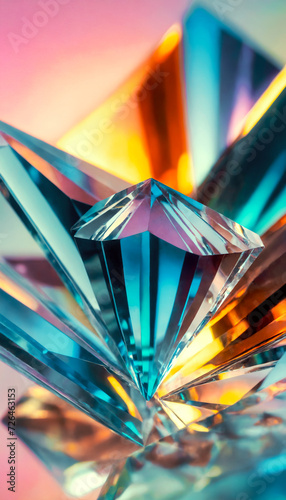 Abstract background with a close-up of a glossy crystal with a multi-colored gradient reflection