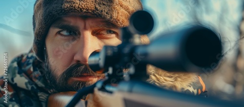 Closeup of a man outdoors with a hunting rifle and camouflage