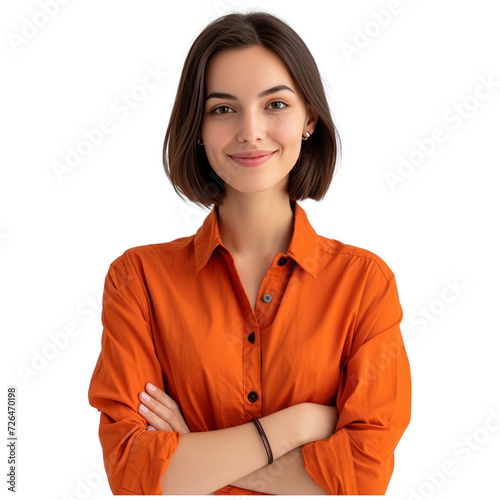 Photo of attractive charming lady cute bobbed hairdo arms crossed