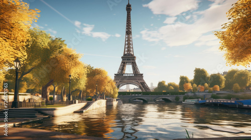Scenic View of the Seine River and Eiffel Tower in Autumn - Generative AI