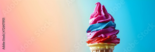Colorful soft serve ice cream cone against a gradient background.