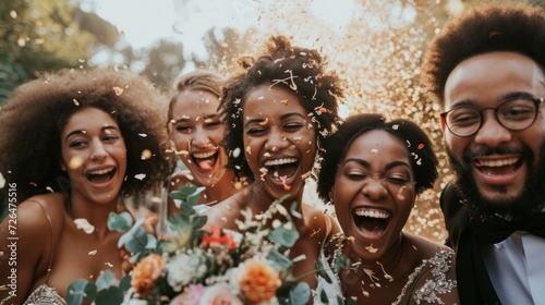 Charming black wedding couple celebrating with friends