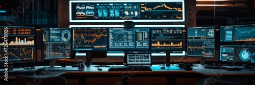 Image of a sleek, modern workspace with multiple screens displaying cryptocurrency markets, coding software, and digital graphs, symbolizing a professional cryptocurrency trading environment.
