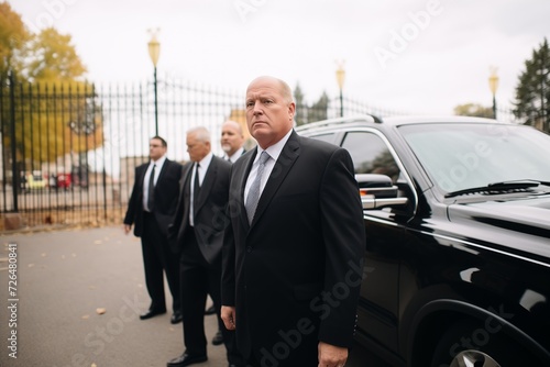 a group of men in suits guarding a vip car