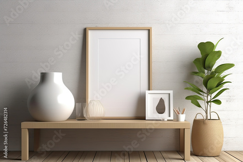 Minimalist Home Decor with Blank Picture Frame and Plants - Generative AI
