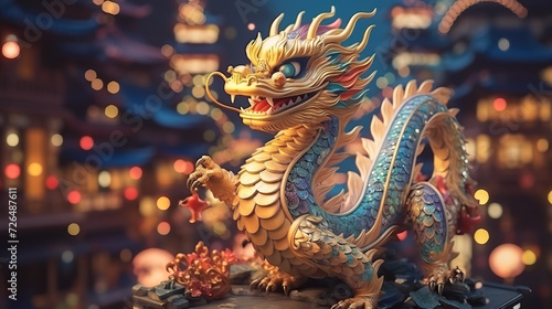 Banner with gold dragon,bokeh background of China street of city. Chinese New Year decoration close up of dancing dragon on festive background