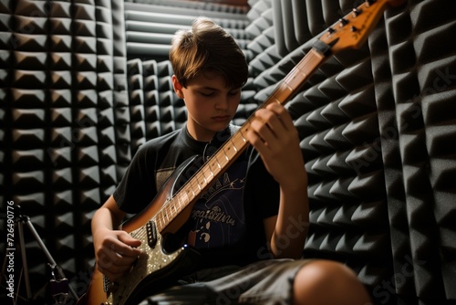 teenager playing electric guitar in a soundproofed basement room