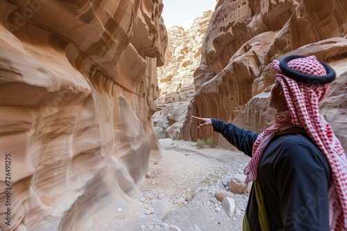 bedouin guide pointing at landmarks in a canyon