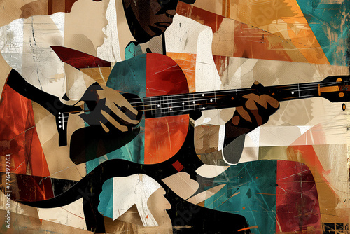 Afro-American male musician guitarist playing a guitar in an abstract cubist style painting for a poster or flyer, stock illustration image