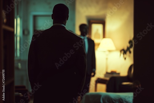 man in suit analyzing suspects response in a lit room