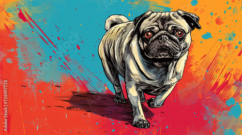 Cool looking pug dog walking in minimal comic style illustration.
