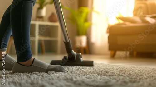 A woman is using a vacuum cleaner while cleaning the carpet in the house.