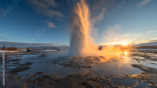 A photo of Strokkur geyser, with bubbling hot water as the background, during a misty morning
