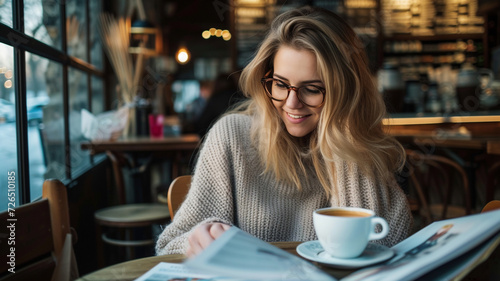 An attractive and elegant smiling woman wearing glasses, deeply focused on her magazine while seated at a cafe table and enjoying a cup of coffee