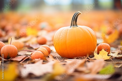 close-up of a pumpkin patch with autumn leaves
