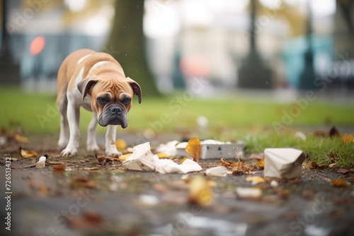 stray dog rummaging through scattered litter in a city park