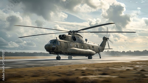 Military helicopter landing on airstrip with dramatic clouds. detailed and realistic modern aviation. designed for editorial use. AI