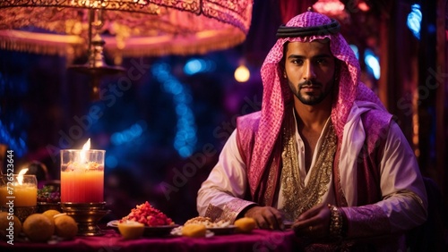 Close-up high-resolution image of a Middle Eastern prince wearing traditional clothes. Ambient lights.