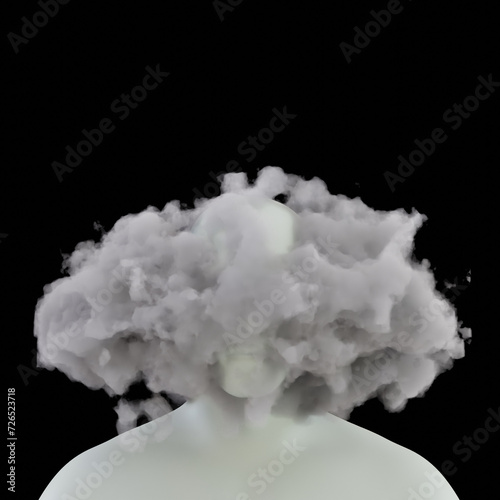 Abstract head with a hole, featuring clouds, symbolizing a blend of the human mind and ethereal elements...