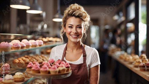 In cafe or espresso bar, smiling barista, baker or waiter. Portrait of employee conveys friendly, hospitable atmosphere of establishment. Delicious combination of sweets, cakes, coffee. Coffee lounge