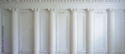White plaster columns and pilasters on a gypsum backdrop.