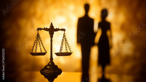 Justice scales against a couple, symbolizing family law. It embodies the legal balance crucial in marital, divorce, and custody matters, highlighting the need for impartiality in family-related legal 