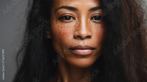 Close-up of the face of a black woman over 40 years old, sad look, freckles on the face.