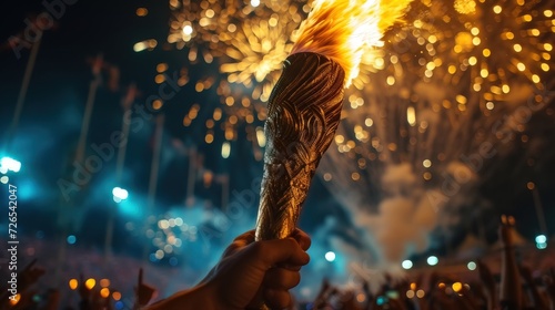 a hand grasping Olympic torch, set against the backdrop of A cityscape and an awe-inspiring display of fireworks illuminating the sky 