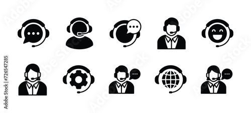Customer service and support icon set. Containing assistance, technical support, call center, hotline, operator, staff, and agent communication for app and website. Vector illustration