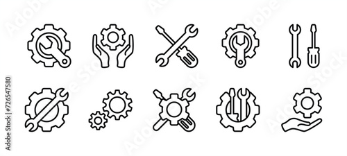 Tools and Service icon set. Containing wrench, screwdriver, spanner and gear icon symbol for repair, settings, maintenance, installation, technical. Vector illustration