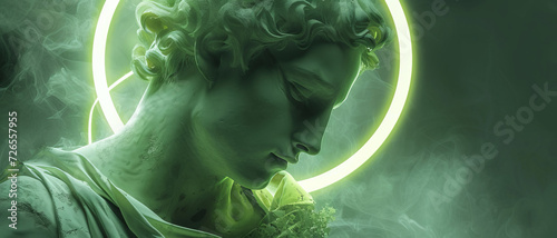 Surreal digital art with one neon green circle around the head of ancient statue a man