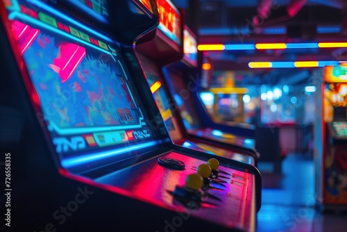 Neon lit arcade cabinet in a dim game room