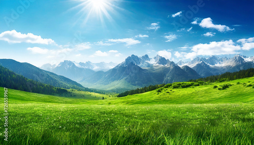 Beautiful spring landscape with alpine meadow and snowy mountains.