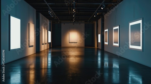 Modern empty gallery room interior with white mock up frame on illuminated dark wall